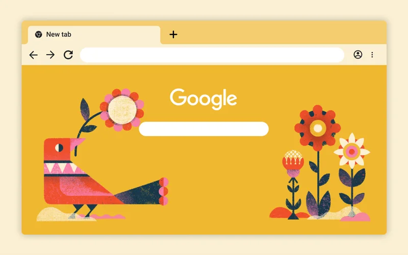 Chrome browser background depicting a bird holding a flower, standing next to 3 flowers