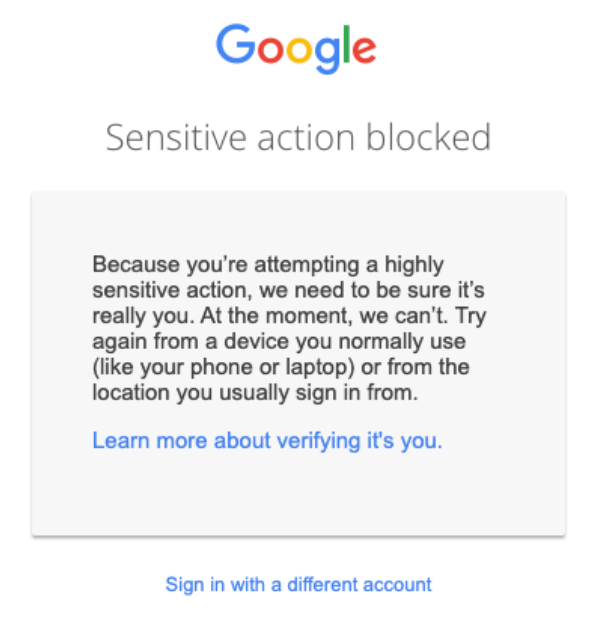 Sensitive action blocked in account