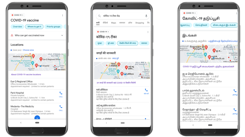 Three phones displaying COVID-19 information in Search in three different languages
