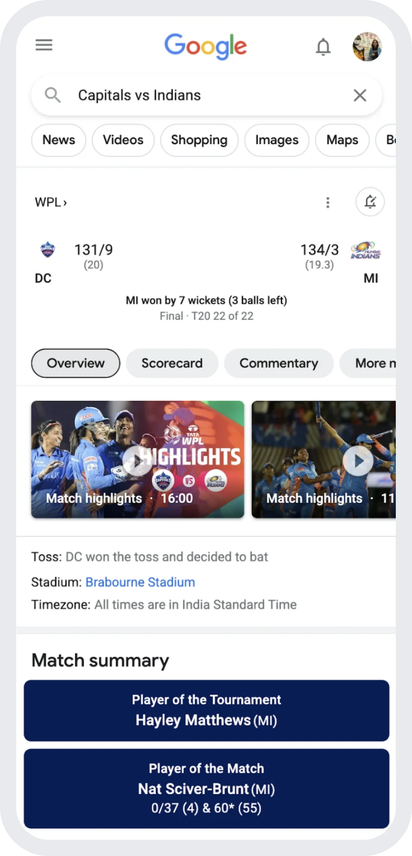 Screenshot of the Capitals vs. Indians featuring a final score, highlights and a match summary