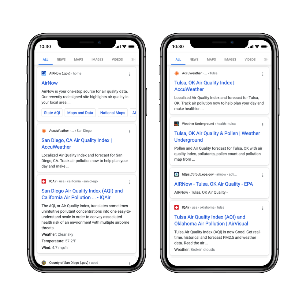 Searches for “air quality” in San Diego, California and Tulsa, Oklahoma