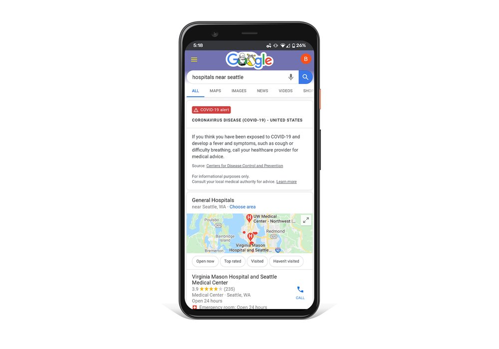 Phone screen showing Google search pulled up with COVID-19 information listed, including Maps results.