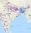 Eine Karte von Indien und Bangladesch, die Googles derzeitiges Hochwasser-Vorhersagesystem zeigt.