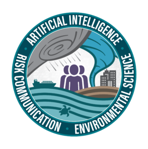 AI2ES logo, an illustration of people and various weather conditions