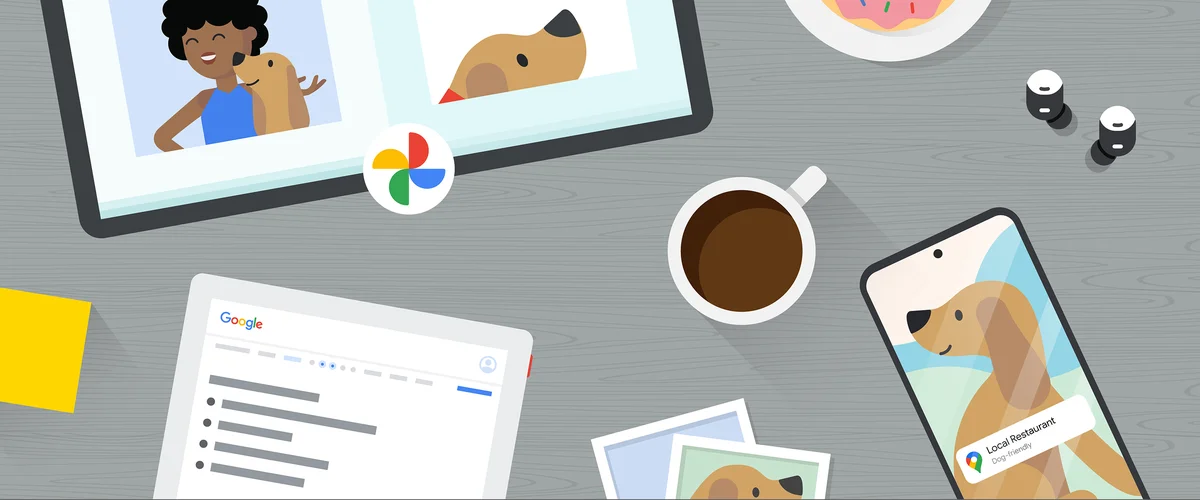 Illustration of an overhead angle of a desk. On it is a tablet and a phone, both with images of a dog on them. There’s also another tablet showing a Google Doc with a list of items on it, like a pair of Pixel Buds, a cup of coffee, some photos of a dog.