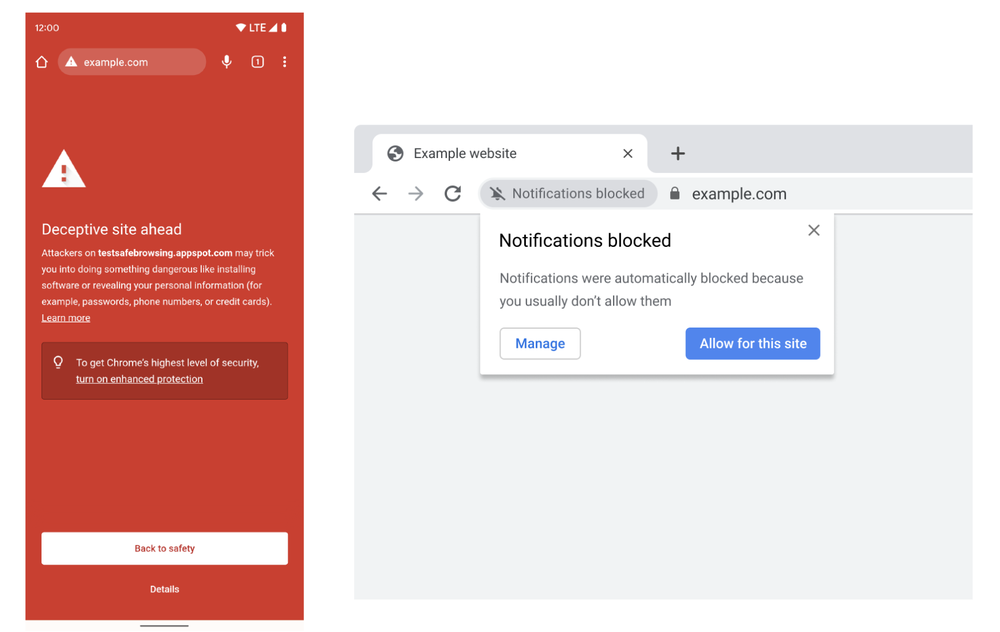 Two separate images side by side. The first on the left is a smartphone showing a red screen and a warning message about phishing. The image on the right shows a Chrome browser window showing a pop-up message saying “Notifications blocked”.