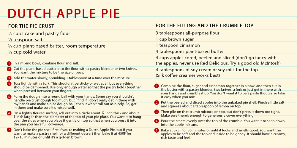 Dutch Apple Pie recipe card, with the following recipe: FOR THE PIE CRUST 2. cups cake and pastry flour ½ teaspoon salt ⅔ cup plant-based butter, room temperature ⅓ cup cold water  FOR THE FILLING AND THE CRUMBLE TOP 3 tablespoons all-purpose flour 1 cup brown sugar 1 teaspoon cinnamon 4 tablespoons plant-based butter 4 cups apples cored, peeled and sliced (don’t go fancy with the apples, never use Red Delicious. Try a good old McIntosh) 4 tablespoons of soy cream or soy milk for the top (Silk coffee creamer works best)   FOR THE PIE CRUST In a mixing bowl, combine flour and salt. Cut the plant-based butter into the flour with a pastry blender or two knives. You want the mixture to be the size of peas. Add the water slowly, sprinkling 1 tablespoon at a time over the mixture. Toss lightly with a fork. This shouldn’t be sticky or wet at all but everything should be dampened. Use only enough water so that the pastry holds together when pressed between your fingers. Form the dough into a round ball with your hands. Some say you shouldn’t handle pie crust dough too much, but I find if I don’t really get in there with my hands and make a nice dough ball, then it won’t roll out as nicely. So, get in there and make sure it’s mixed well. On a lightly floured surface, roll out into a circle about ⅛ inch thick and about 1 inch larger than the diameter of the top of your pie plate. You want it to hang over the sides when you place it gently on top so that when you press it into the pan you have full coverage. Don’t bake the pie shell first if you’re making a Dutch Apple Pie, but if you want to make a pastry shell for a different dessert then bake it at 450F for 12–15 minutes or until it’s a golden brown.  FOR THE FILLING AND THE CRUMBLE TOP Combine the flour, sugar and cinnamon together in a bowl and then cut in the butter with a pastry blender, two knives, a fork or just get in there with your hands and crumble it up. You don’t want it to be a paste though, so take it easy when you mix. Put the peeled and sliced apples into the unbaked pie shell. Pinch a little salt and squeeze about a tablespoon of lemon on top. Then pile on that crumb mixture on top, but don’t press it down too tight. Make sure there’s enough to generously cover everything. Pour the cream evenly over the top of the crumble. You want it to seep down into the apple mixture. Bake at 375F for 35 minutes or until it looks and smells good. You want the apples to be soft and the top and inside to be gooey. It should have a creamy, rich taste and feel.