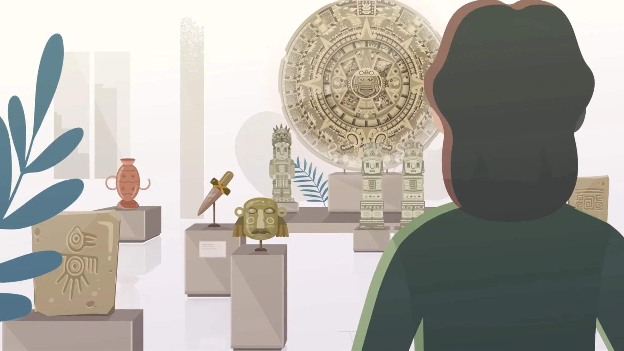 Animation of a visitor looking at artifacts on display in the National Museum of Anthropology in Mexico City from the Descent of the Serpent game.