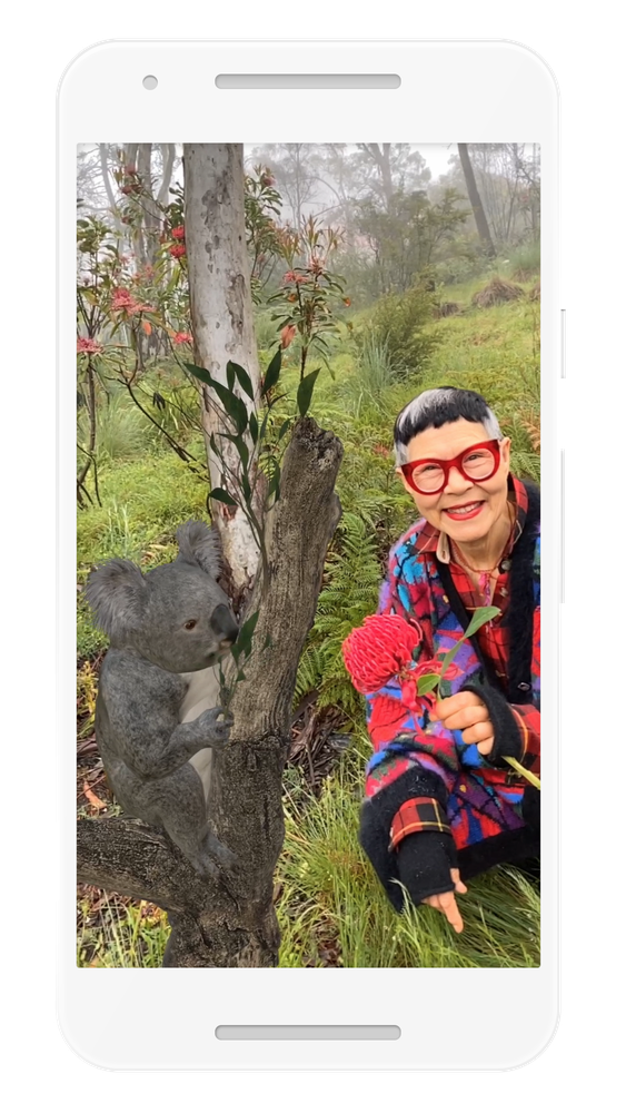 Woman looking at a koala in AR