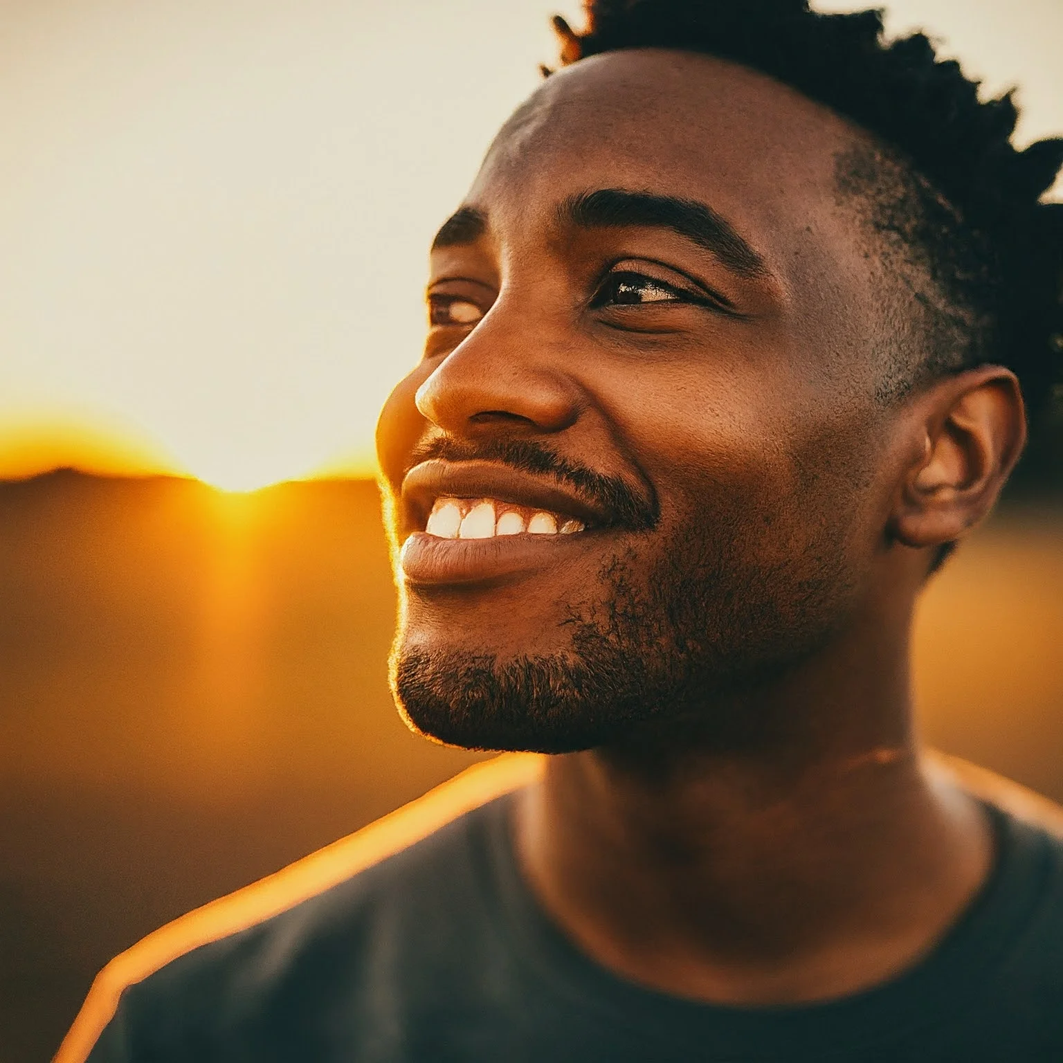 Um close de um homem sorrindo usando uma camisa verde com cabelos curtos.