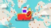 An illustration of Santa in his sleigh against a world map dotted with Google Maps location icons. Santa is waving and wearing a purple mask.