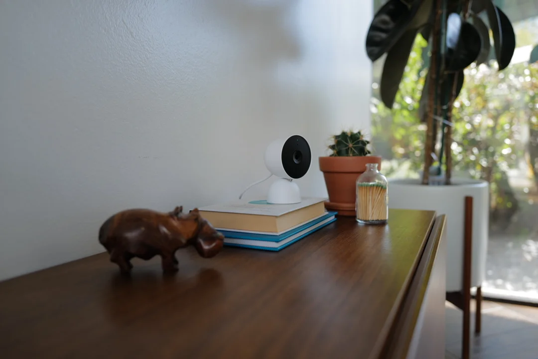 Nest Cam on an entryway table in a living room next to a large potted plant and sitting on top of books.