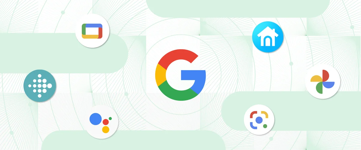 Illustration of various product icons from Google Photos, Nest, Chrome, Fitbit, Assistant, and Camera, all surrounding the Google “G” icon in the center.