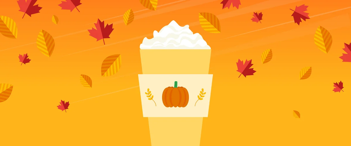 An illustrated coffee cup with a coffee sleeve with a pumpkin on it. The drink has whipped cream on top. The background is shades of orange with red leaves falling in the background.