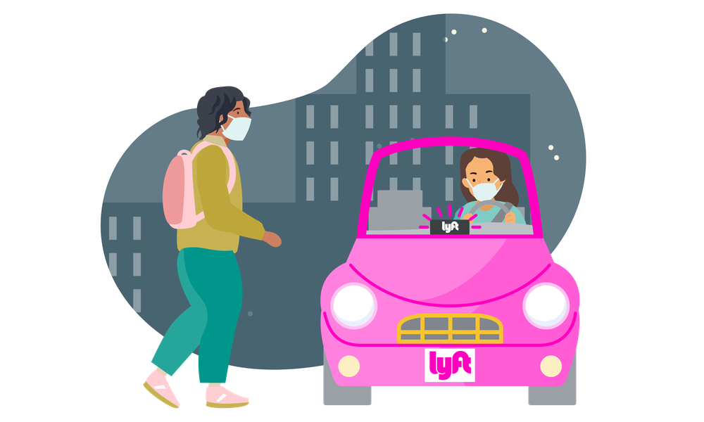 Illustration of a masked person in a city getting into a car with the Lyft logo.