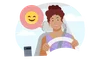 Illustration of a person driving in a car with their phone on the dashboard. A pink speech bubble with a smiley face indicates she’s dictating text to Google Assistant.