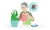 Illustration of a person watering a green plant and receiving a phone alert.