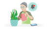 Illustration of a person watering a green plant and receiving a phone alert.