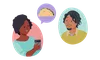 Illustration of two people discussing what to eat, with one person suggesting tacos from a purple speech bubble.