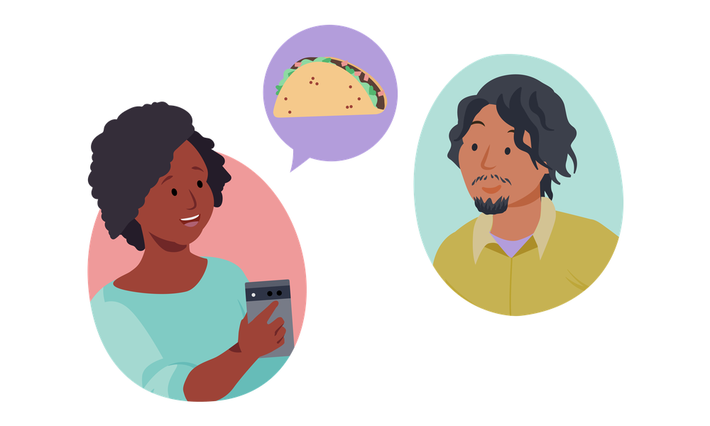 Illustration of two people discussing what to eat, with one person suggesting tacos from a purple speech bubble.