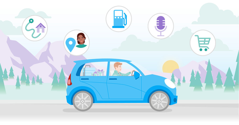 
                         
                           Illustration of a man driving a blue car against a mountain landscape, with navigation, gas, podcast microphone and shopping cart icons floating above him.
                         
                       
