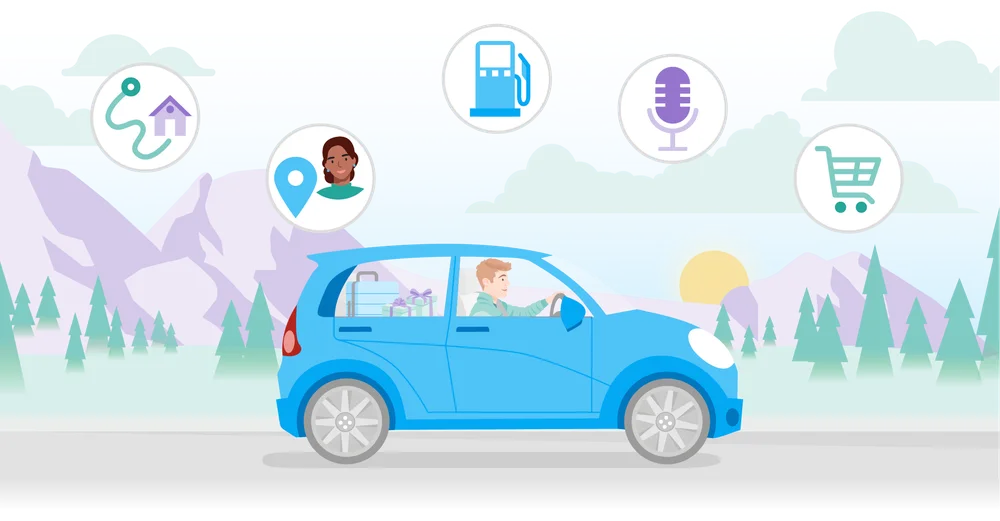 Illustration of a man driving a blue car against a mountain landscape, with navigation, gas, podcast microphone and shopping cart icons floating above him.
