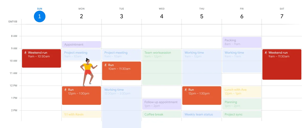 Illustration of a Google Calendar with a handful of days marked “run.” There is a small, cartoon character running across the calendar.