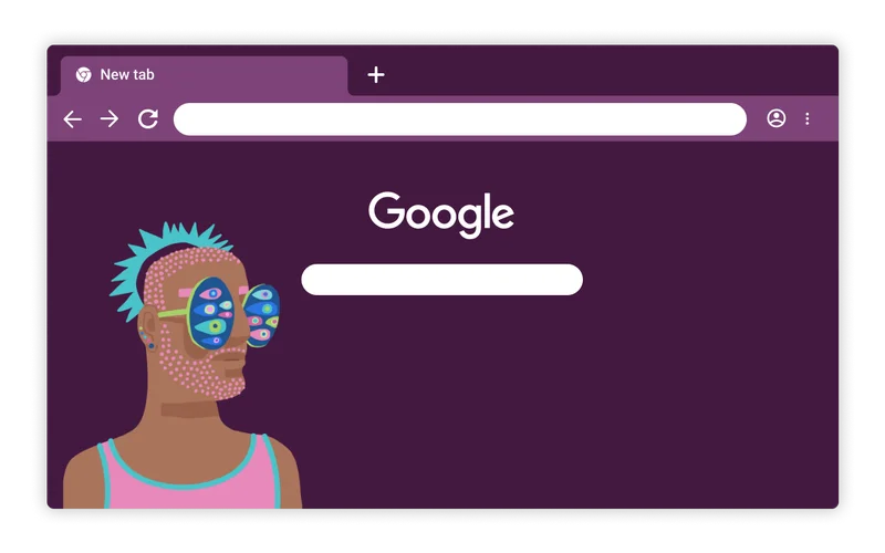 Chrome browser theme with a person in pink tank top depicted having glasses with multiple eyes.