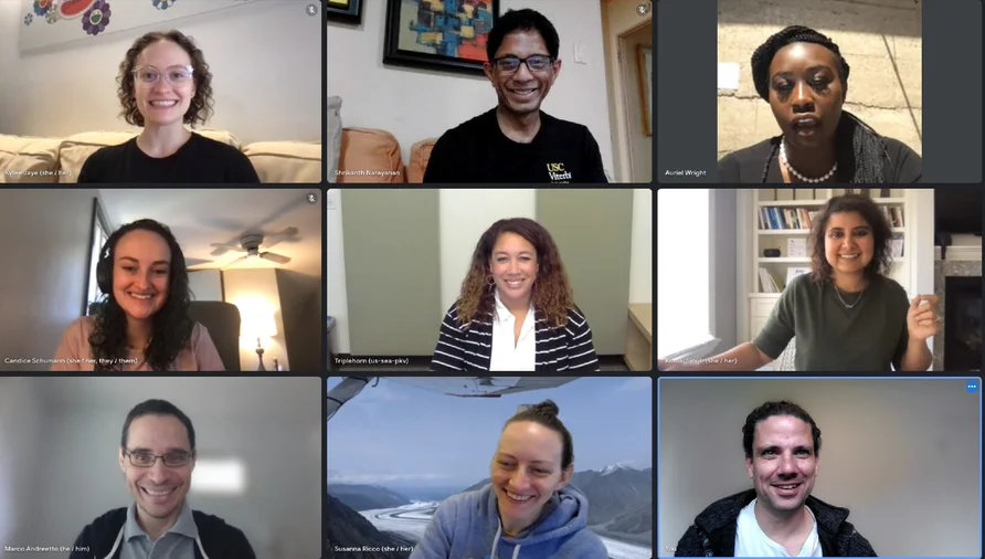 A screenshot of a Google Meet video call with three rows of nine people in individual squares.