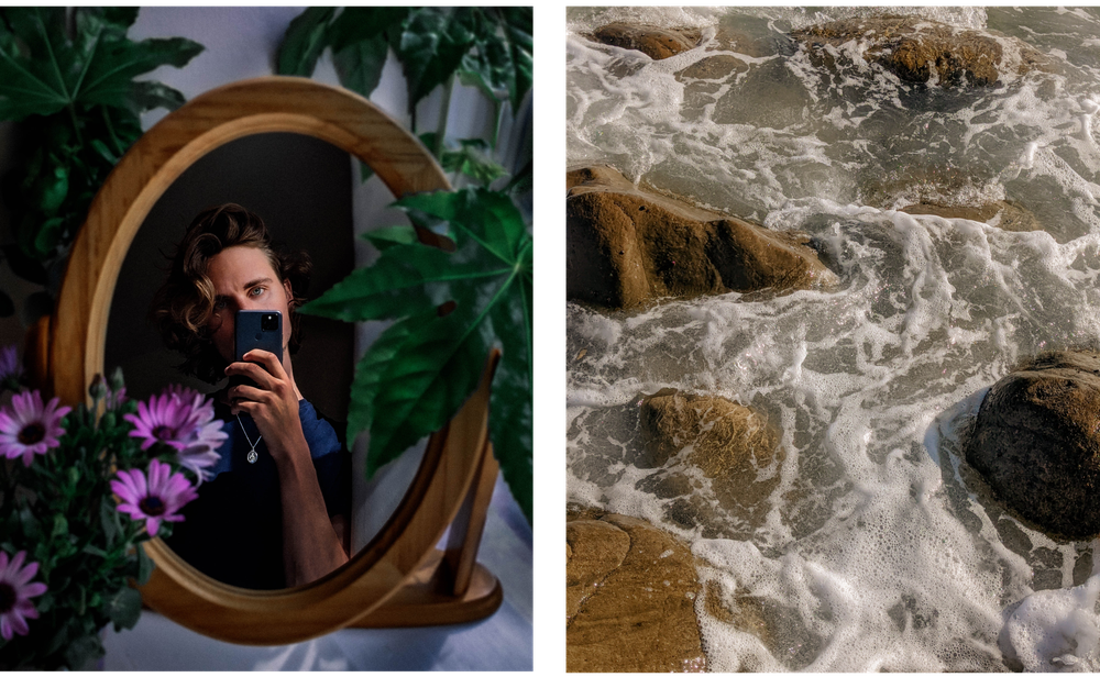 Two photographs side by side the first is of a person looking into a mirror surrounded by plants and flowers. The other is a close up of waves on the beach.