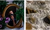 Two photographs side by side the first is of a person looking into a mirror surrounded by plants and flowers. The other is a close up of waves on the beach.