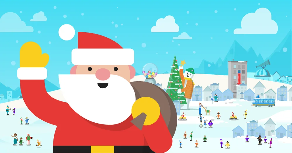 An illustration of Santa smiling and waving. Behind him is the animated North Pole village, with a large snowman decorating a tree and elves waving and playing games.