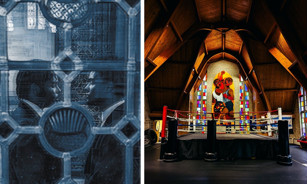 Two side by side photographs: The first is of two men as seen through the blue light of a stained glass window. The second is a boxing ring inside a chapel.