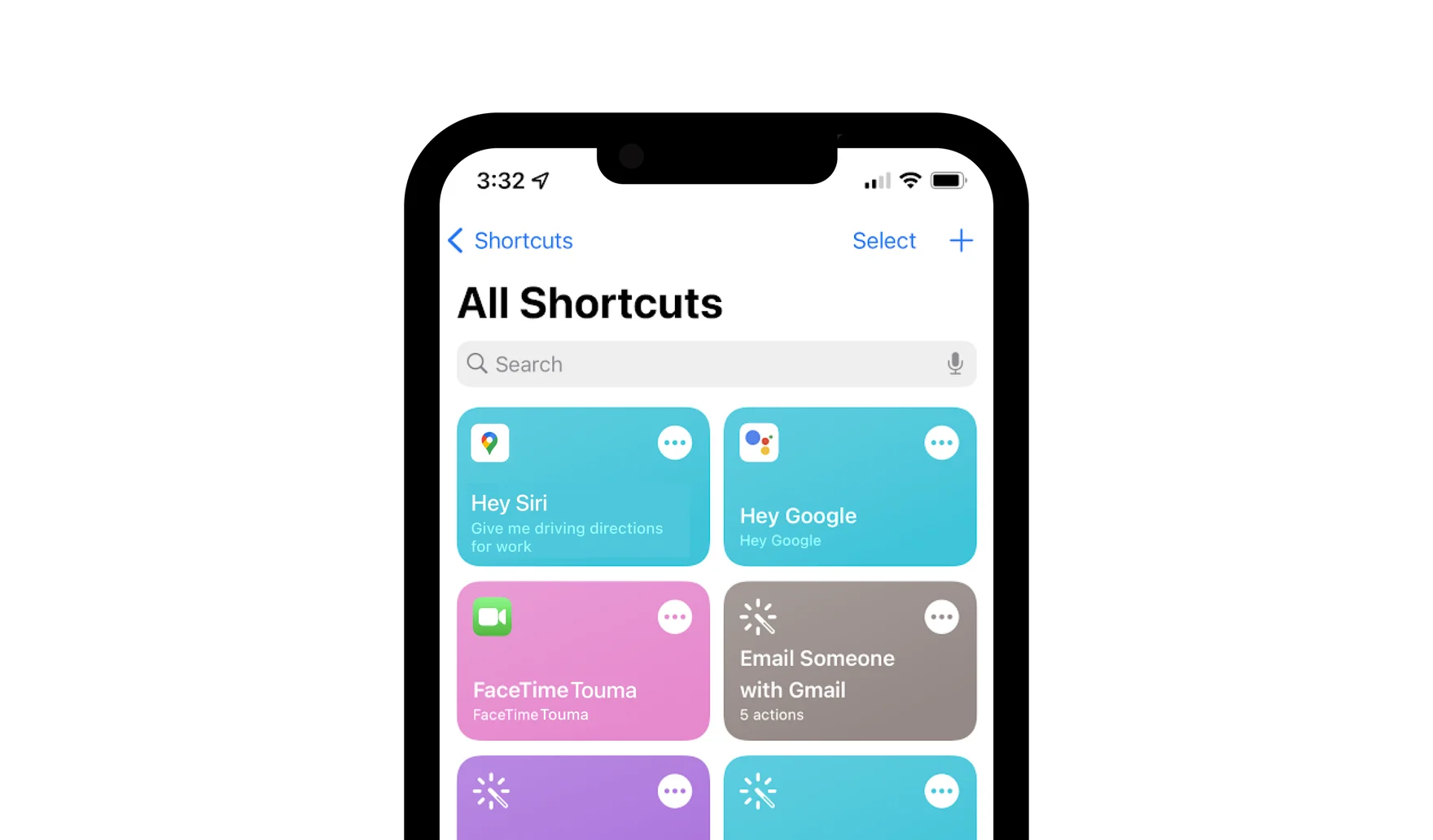 iPhone Shortcuts page featuring colorful boxes and the new Siri and Spotlight integrations