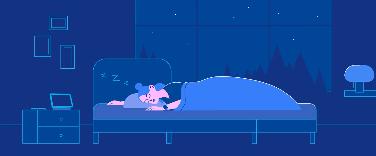 Illustration of a person sleeping in a bed. There’s an illustrated Nest Hub on the side table, and an illustrated Fitbit on the person’s wrist.