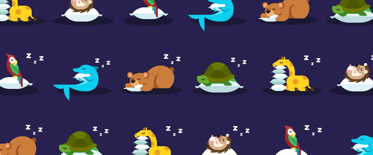 An illustration of rows of animals — a parrot, a dolphin, a bear, a tortoise, a giraffe and a hedgehog — all sleeping with pillows with “Zzz”s around their heads.