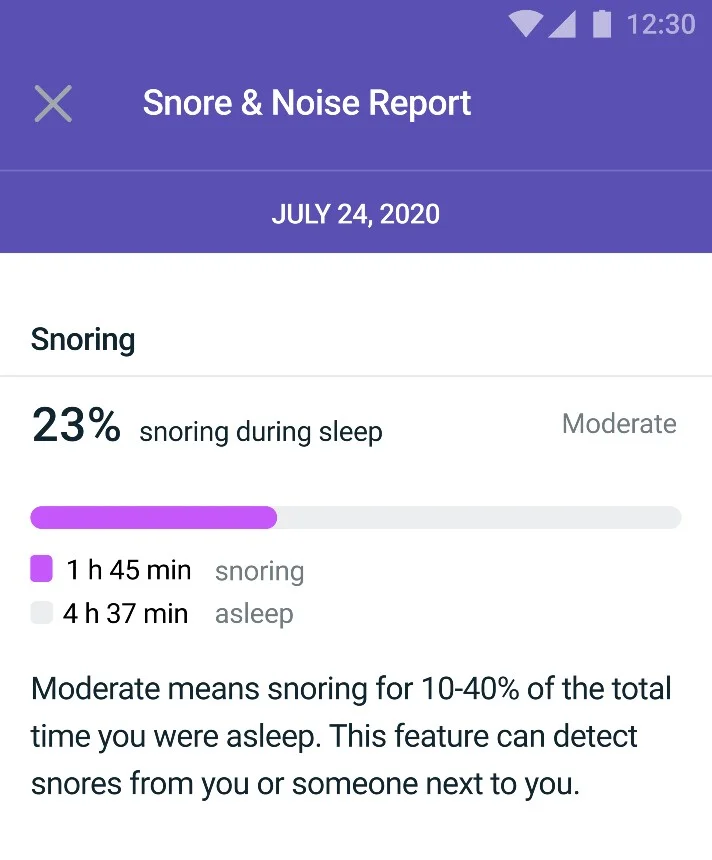 A Pixel phone with Snore & Noise Report pulled up on the screen. The data shows a chart that says 23% snoring during sleep.