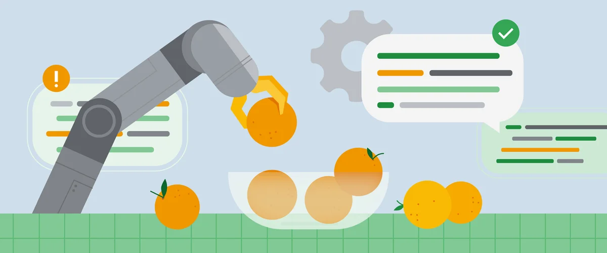 Illustration of a robot arm picking up oranges from a countertop and placing them into a bowl.