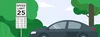 Eine Illustration, welche ein von rechts kommendes graues Auto zeigt, das vor einem Geschwindigkeitsbegrenzungsschild steht, auf dem leicht missverständliche Uhrzeiten angegeben sind.
