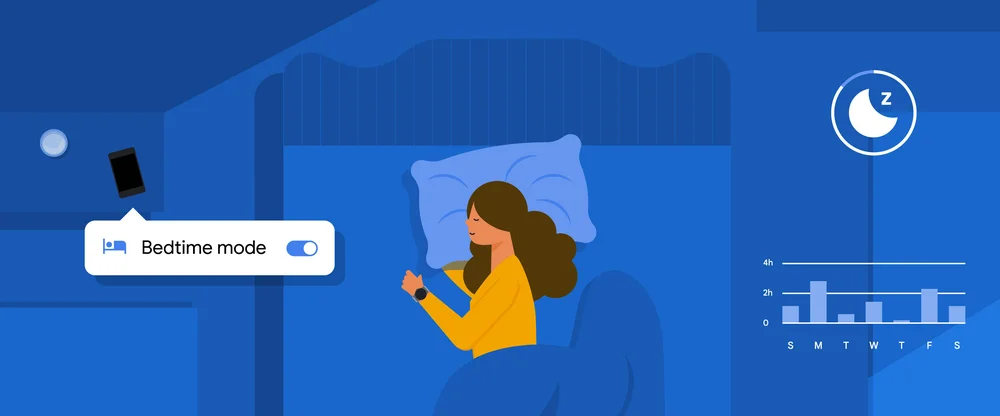 An illustration depicts a woman sleeping with Pixel’s Bedtime mode turned on and wearing a Pixel Watch.