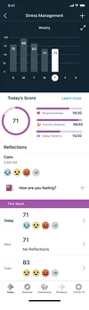 The Fitbit phone app showing a user’s Stress Management Score with factors like Responsiveness, Sleep Patterns and Exertion Balance.