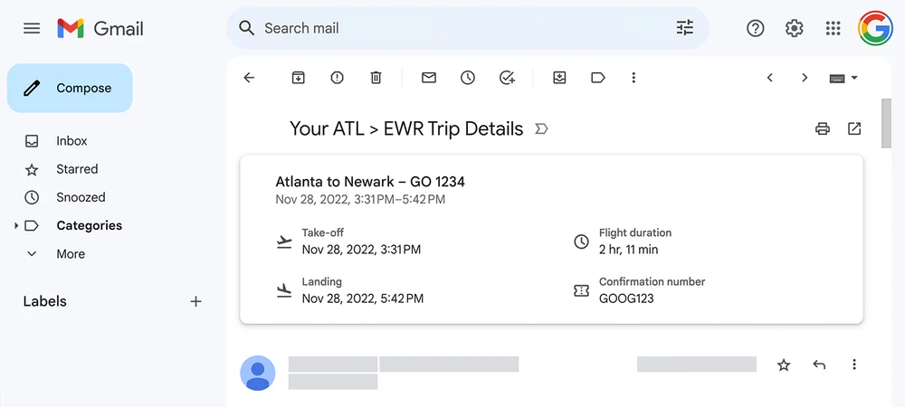 Summary Card at the top of an emailing reading Your ATL > EWR Trip Details with flight information below, including take-off/landing times, flight duration and confirmation number