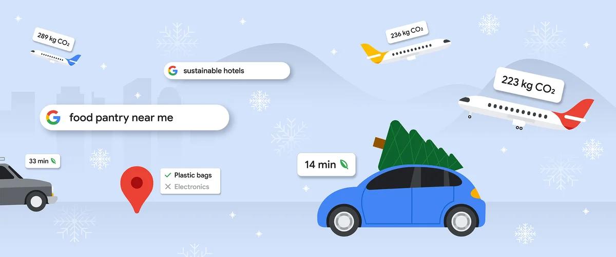 Two cars, gray and bright blue, are driving against a light blue, snowy landscape. Planes are in the sky, labeled with their carbon emissions. A Google Maps icon shows recycling options and a Google Search bar shows a query for “food pantry near me."