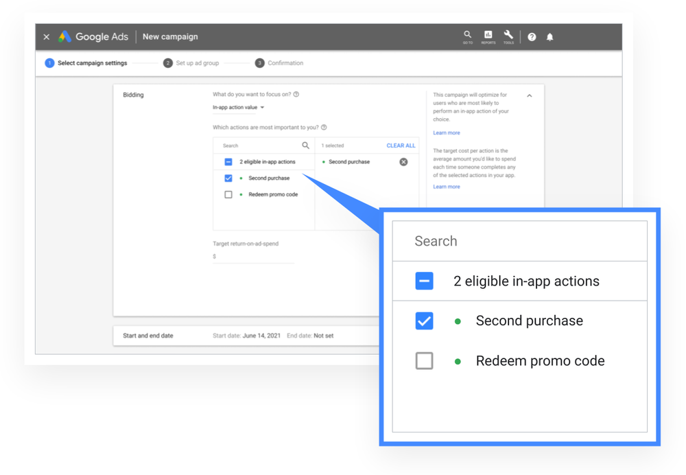 Interface screenshot of target return on ad spend (tROAS) bidding for App campaigns for engagement.