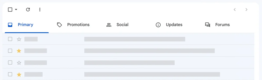 Gmail Inbox with five tabs at the top reading: Primary, Promotions, Social, Updates, Forums