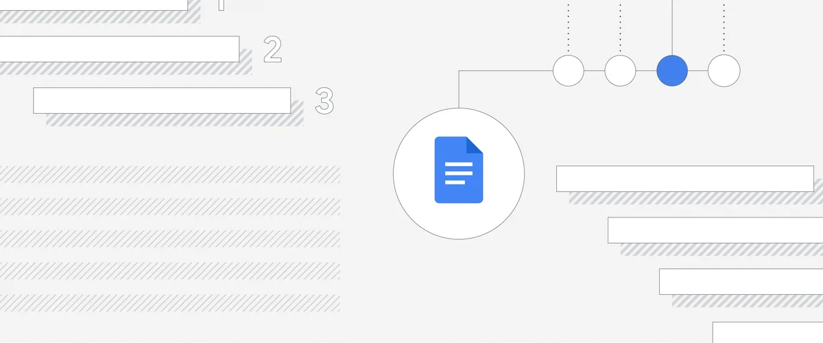 An abstract illustration of long rectangular blocks, some of which are shaded, some of which are next to the numbers “1, 2, 3.” There is a Google Docs icon in a circle in the illustration.