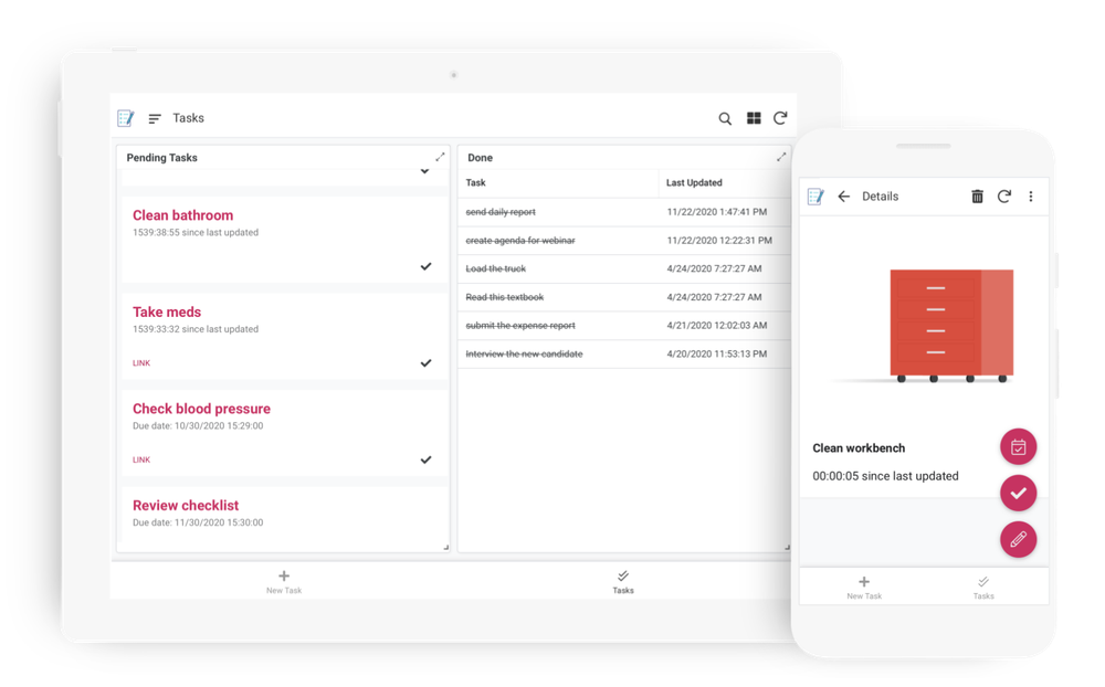 Image showing a tablet screen and phone screen next to each other, each with different elements of a task management app on them.