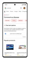 A smartphone screen showing search results for “at home covid testing”