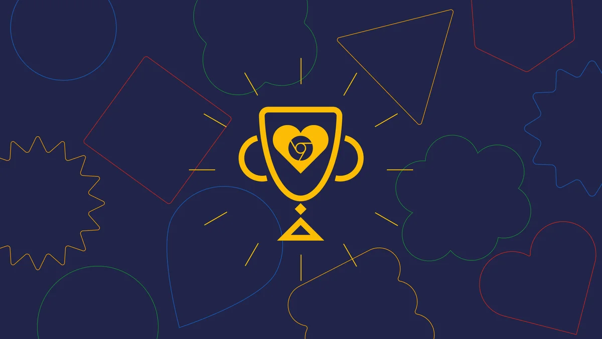 Dark blue background with several outlined shapes in blue, red, orange and green. In the center is a gold abstract trophy with a heart and Chrome logo outline overlaid.