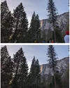 Two nearly identical photos, one on the top and one on bottom. They both show a nature shot with trees in the foreground and a mountain in the back. In the top photo, there are a handful of people and signs in the image. In the bottom photo, they are gone.